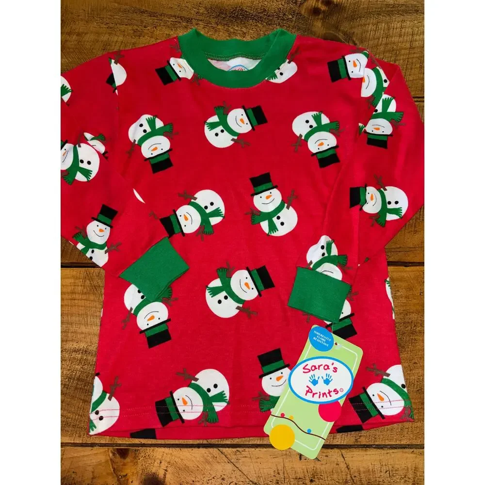 NEW Sara’s Prints Kids Red Green Snowman 2 Piece Pajama Set Flame Resistant 5‎